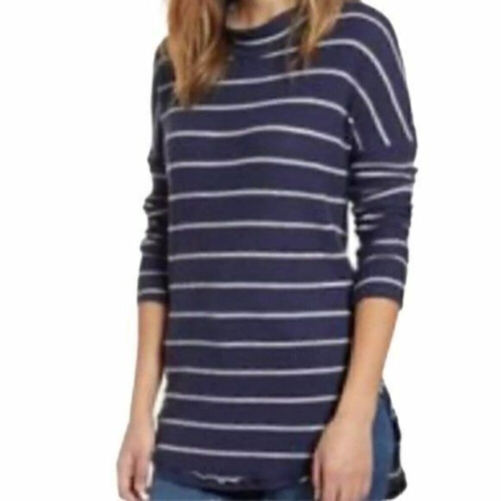 Caslon Mock Neck Tunic Sweater Navy White Petite Small